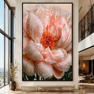 May include: A large vertical wall art print featuring a detailed close-up of a pale pink peony flower. The soft, ruffled petals are covered in clear water droplets, and the centre of the bloom displays a vibrant, textured orange stamen cluster.