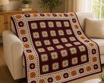 Patrón de manta de ganchillo en PDF, manta de flores cuadradas estilo abuela, borde con diseño de rayos de sol, borde de encaje.