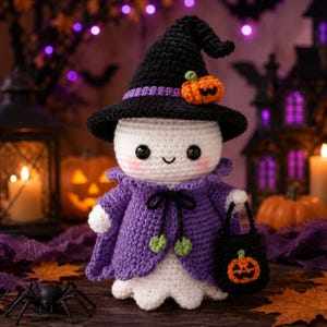 Puede incluir: Una mu&ntilde;eca fantasma de ganchillo blanca que lleva un sombrero de bruja negro puntiagudo con un peque&ntilde;o adorno de calabaza naranja, una capa morada con lazos verdes y sostiene un cubo negro con un dise&ntilde;o de calabaza naranja.