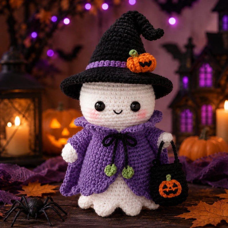 Puede incluir: Una mu&ntilde;eca fantasma de ganchillo blanca que lleva un sombrero de bruja negro puntiagudo con un peque&ntilde;o adorno de calabaza naranja, una capa morada con lazos verdes y sostiene un cubo negro con un dise&ntilde;o de calabaza naranja.