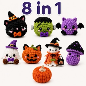 Peut inclure: Une collection de huit figurines d'Halloween au crochet comprenant un chat noir, un monstre vert, une chauve-souris violette, un fantôme, une citrouille, une sorcière, un champignon et une citrouille. Le texte 8 in 1 est en haut.