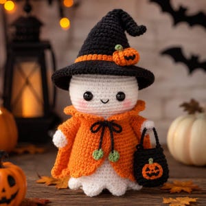 May include: A white crocheted ghost doll wearing a black pointed witch hat with an orange band and a small pumpkin accent. The ghost wears an orange cape with a black tie and carries a small black crocheted trick-or-treat bag with a pumpkin face.