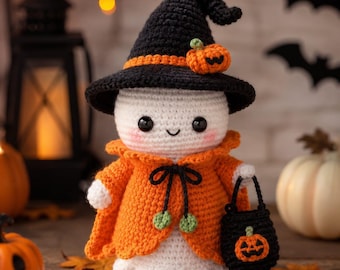 Patrón de ganchillo de fantasma brujita de Halloween, patrón de amigurumi de Halloween, muñeco fantasma adorable, tutorial de peluche de bruja, descarga instantánea