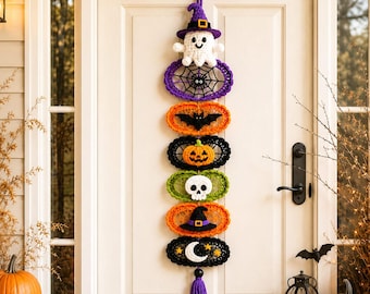 Patrón PDF para guirnalda de ganchillo de Halloween: fantasma, telaraña, calabaza, calavera, sombrero de bruja (60-66 cm)