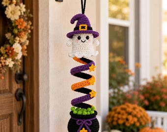 Patrón de decoración colgante de fantasmas a crochet / Sombrero de bruja, caldero, estrellas (descarga en PDF)