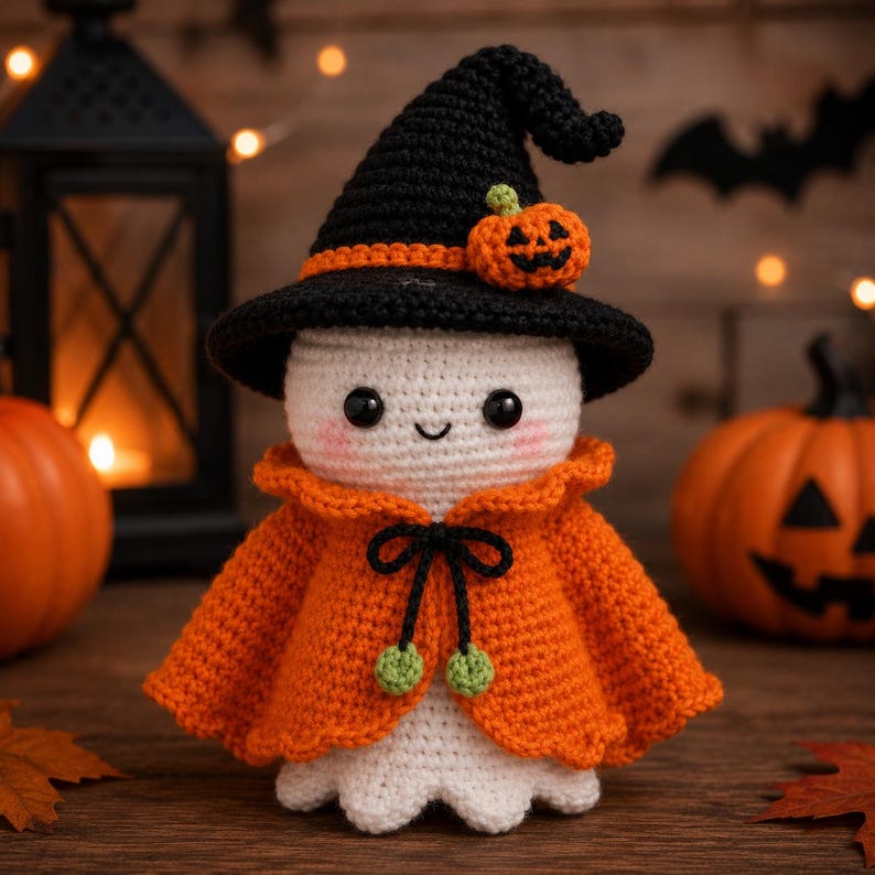 Puede incluir: Una figura de fantasma tejida a ganchillo en color blanco, con un sombrero de bruja negro puntiagudo con una banda naranja y un peque&ntilde;o adorno de calabaza. El fantasma viste una capa naranja tejida con un lazo negro y dos pompones verdes.