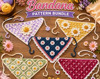 Paquete de patrones de pañuelos de ganchillo / 5 diseños de pañuelos cuadrados estilo abuela boho (descarga en PDF)