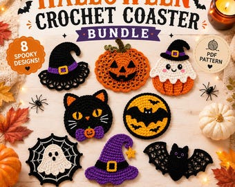 Paquete de patrones de posavasos de ganchillo para Halloween, 8 diseños en PDF, decoración espeluznante para otoño