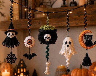 Patrón de ganchillo de Halloween en PDF, guirnalda de ganchillo de Halloween, amigurumi de fantasma, bruja, murciélago, gato, luna y caldero, patrón digital