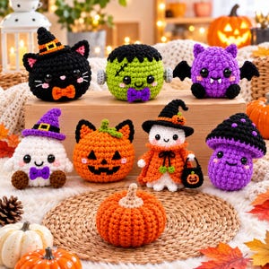 Op de afbeelding: Een verzameling van acht gehaakte Halloween-figuren, waaronder een zwarte kat met een heksenhoed, een groen monster, een paarse vleermuis, een wit spookje met een paarse hoed, een oranje pompoen, een spookje in een oranje cape en een paarse paddenstoel.
