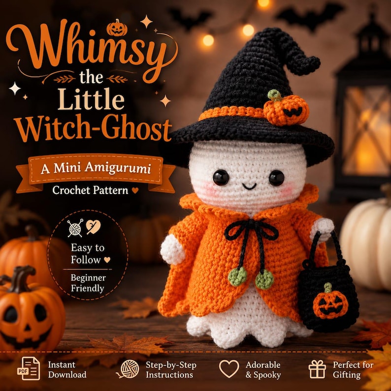 Puede incluir: Un fantasma amigurumi de ganchillo blanco que lleva un sombrero de bruja negro con un detalle de calabaza naranja y una capa naranja con lazos negros. El fantasma sostiene un peque&ntilde;o cubo negro con un dise&ntilde;o de cara de calabaza naranja.