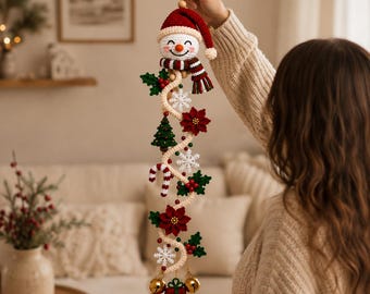 Patrón de ganchillo para guirnalda navideña de muñeco de nieve en PDF / Patrón para colgar en la puerta / Decoración navideña de pared / Patrón de ganchillo para guirnalda de invierno