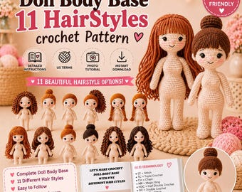 Peut inclure: Un guide de modèle au crochet pour une base de corps de poupée avec 11 coiffures. L'image montre deux grandes poupées au crochet, l'une avec de longs cheveux auburn et l'autre avec un chignon brun, ainsi que 11 petites poupées et un livre.