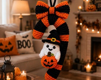Patrón de ganchillo para colgar en la puerta con forma de bastón de caramelo de Halloween / Fantasma, calabaza, sombrero de bruja (descarga en PDF)