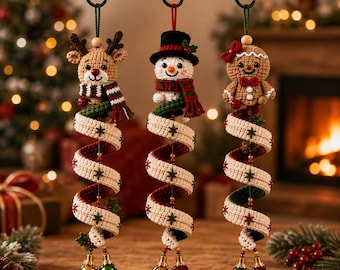 Patrón PDF para adorno navideño de ganchillo / Reno espiral de bastón de caramelo, muñeco de nieve, pan de jengibre / Patrón para decoración de árbol navideño