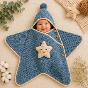 Peut inclure: Une couverture d'emmaillotage pour bébé en forme d'étoile, crochetée en bleu, avec une capuche surmontée d'un pompon. Elle présente une bordure crème, quatre boutons en bois sur le côté et une petite étoile crème souriante appliquée.