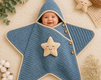 Patrón de traje de bebé estrella a crochet en PDF / Patrón de body de bebé estrella a crochet / Bebé de 6 a 7 meses / Descarga instantánea / Patrón de chal con capucha para bebé