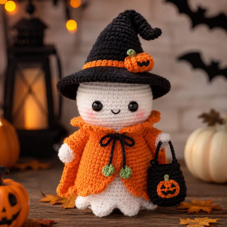 Puede incluir: Una mu&ntilde;eca fantasma de ganchillo blanca que lleva un sombrero de bruja negro puntiagudo con una banda naranja y un peque&ntilde;o adorno de calabaza. El fantasma viste una capa naranja con un lazo negro y lleva una peque&ntilde;a bolsa negra de ganchillo.