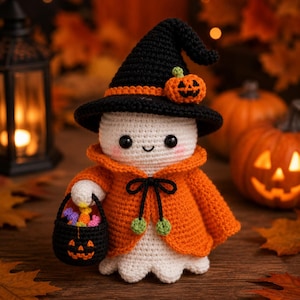 Puede incluir: Una mu&ntilde;eca fantasma de ganchillo blanca que lleva un sombrero puntiagudo negro con una banda naranja y un peque&ntilde;o adorno de calabaza. El fantasma viste una capa naranja con un lazo negro y sostiene un cubo de calabaza negro con dulces.