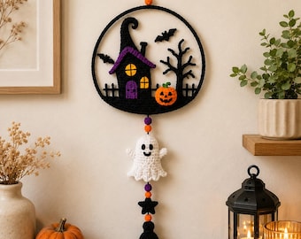 Patrón de corona de Halloween a crochet en PDF / Colgante de puerta de casa embrujada / Decoración espeluznante de calabaza fantasma / Patrón de crochet de Halloween