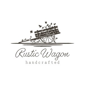 May include: Black and white silhouette of a rustic wooden wagon with a single wheel and vines growing around it. The text "Rustic Wagon handcrafted" is below the wagon.
