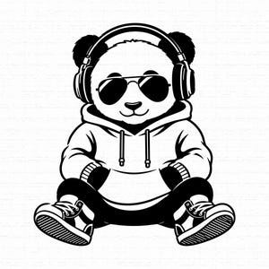 May include: A black and white graphic illustration of a panda sitting down. The panda is wearing a hooded sweatshirt, dark sunglasses, and large over-ear headphones. The panda also wears high-top sneakers on its feet, rendered in a bold, clean style.