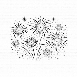 May include: A black and white graphic illustration featuring a cluster of stylized fireworks bursts. The design includes multiple circular firework patterns with radiating lines, small dots, and various star shapes scattered throughout the composition.