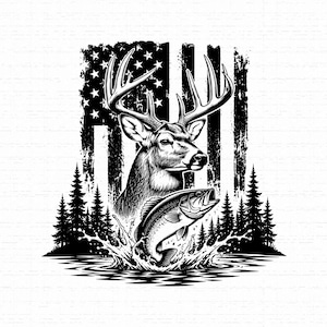 Puede incluir: Una ilustración gráfica en blanco y negro que muestra una cabeza de ciervo con astas frente a una bandera estadounidense desgastada. Debajo del ciervo, un pez salta del agua, rodeado por la silueta de pinos en el fondo.