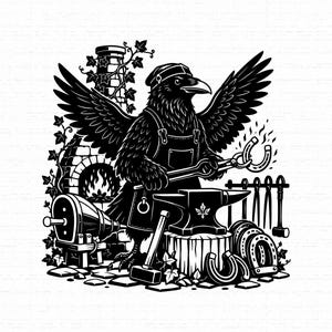 May include: A black and white illustration of a raven blacksmith wearing an apron and cap, standing before an anvil and forge. The raven holds a glowing horseshoe with tongs, surrounded by various metalworking tools, horseshoes, and ivy vines.