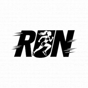 May include: A black graphic design featuring the word RUN in bold, capitalized letters. The letter U is replaced by a silhouette of a person in a ponytail running, with horizontal motion lines extending from the letters R and N.