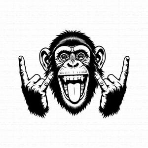 May include: A black and white graphic illustration of a chimpanzee with a wide open mouth and tongue sticking out. The chimpanzee is making a rock and roll hand gesture with both hands raised on either side of its head, featuring detailed fur.