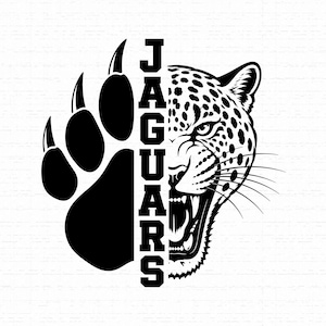 Op de afbeelding: Een zwart-wit grafisch ontwerp met een gespleten compositie. Links staat een effen zwarte jaguar-pootafdruk met scherpe klauwen. Rechts staat het gedetailleerde gezicht van een grommende jaguar. Het woord JAGUARS is verticaal in het zwart gedrukt.