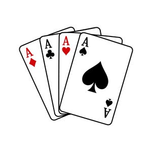 May include: A fan of four playing cards showing the four aces from a standard deck. The cards display the ace of diamonds in red, the ace of clubs in black, the ace of hearts in red, and the ace of spades in black, all with clear suit symbols.