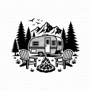 May include: A black and white graphic illustration featuring a vintage travel trailer parked in front of a mountain range and pine trees. In the foreground, two wooden chairs are positioned on either side of a crackling campfire with flames.