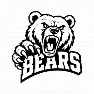Pode incluir: Uma ilustração gráfica a preto e branco de um urso a rosnar com os dentes à mostra e uma garra levantada. A palavra BEARS está impressa em letras maiúsculas a negrito, em bloco, diretamente por baixo da cabeça e da garra do urso.