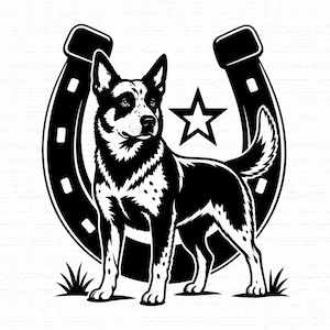 May include: A black and white graphic illustration featuring a standing dog with spotted fur, positioned in front of a large horseshoe and a five-pointed star. The dog is depicted in profile, facing right, with its tail raised and small patches of grass below.