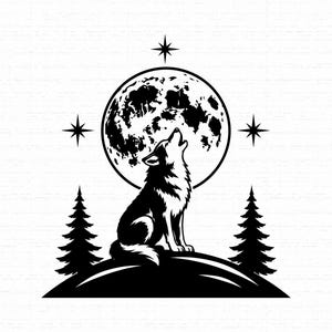 May include: A black and white graphic illustration featuring a wolf howling at a large full moon. The scene includes two pine trees on either side of a small hill, with three four-pointed stars positioned around the moon in the night sky.