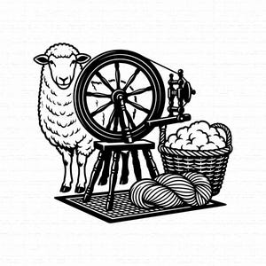 May include: A black and white graphic illustration featuring a standing sheep positioned next to a wooden spinning wheel. A woven basket filled with raw wool fibers sits beside the wheel, with a large skein of yarn resting on the floor in front.