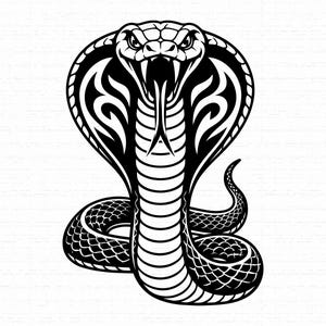 May include: A black and white graphic illustration of a cobra snake in a striking pose. The snake features a flared hood with intricate tribal-style patterns, an open mouth with visible fangs, a forked tongue, and a detailed scaled body.