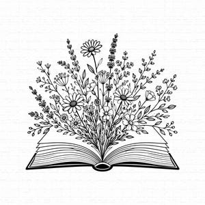 Puede incluir: Una ilustración de arte lineal en blanco y negro de un libro abierto con un denso ramo de flores silvestres variadas, margaritas y tallos con hojas que emergen del centro de las páginas. El dibujo presenta contornos limpios sobre fondo blanco.