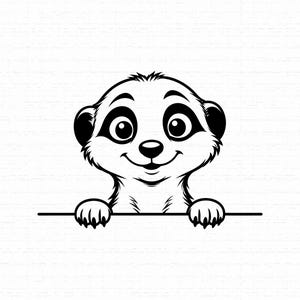 May include: A black and white graphic illustration of a meerkat head and front paws. The meerkat has large, expressive eyes, a small nose, and a gentle smile, appearing to peek over a horizontal line against a plain white background.