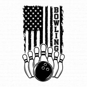 May include: A black and white graphic design featuring a distressed American flag background with the word BOWLING written vertically in a bold serif font. In the foreground, a single bowling ball sits in front of six bowling pins.