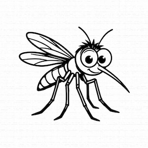 Può includere: Un'illustrazione in bianco e nero a tratto di una zanzara in stile cartone animato. L'insetto presenta grandi occhi rotondi, una proboscide appuntita, due paia di ali e sei zampe sottili. Il disegno è realizzato con contorni spessi su sfondo bianco.