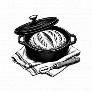 May include: A black and white illustration of a round cast iron Dutch oven with a lid, containing a loaf of scored sourdough bread. A metal bread lame with a wooden handle rests on a folded striped kitchen towel beneath the pot.