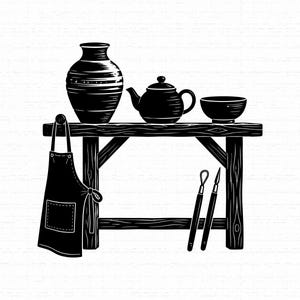 May include: A black and white graphic illustration of a wooden workbench holding a ceramic vase, a teapot, and a bowl. An apron hangs from the side of the table, and two sculpting tools are positioned against the front leg of the workbench.