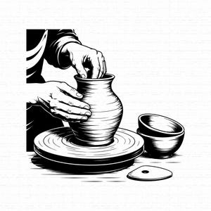 May include: A black and white line art illustration depicting a ceramic vase being shaped on a pottery wheel. Two bowls are stacked to the side, and a small flat tool rests on the surface. The style uses bold strokes to define the form.