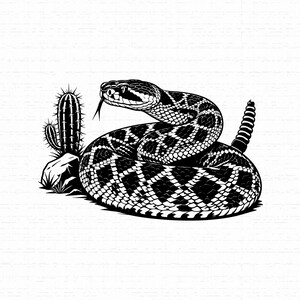 May include: A black and white graphic illustration of a coiled rattlesnake with a visible tongue and rattle, positioned next to a small cactus and a rock. The snake features a detailed diamond-shaped scale pattern across its entire body.