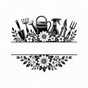 May include: A black and white graphic illustration featuring a split design with a horizontal blank space in the center. The top section displays gardening tools including a trowel, rake, watering can, spray bottle, and shears nestled among flowers.