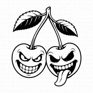 Könnte beinhalten: Eine schwarz-weiße grafische Illustration von zwei Kirschen mit wütenden, bedrohlichen Gesichtsausdrücken. Die linke Kirsche hat ein breites, zahniges Grinsen, während die rechte Kirsche ein ähnliches Grinsen mit herausgestreckter Zunge zeigt.