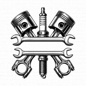 Pistón de motor SVG, gráfico de llave inglesa, diseño de camiseta con marco dividido para automóviles, arte de bujía, logotipo de taller, descarga instantánea